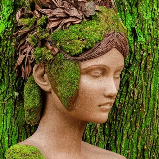 Prompt: mother nature made from a tree, emerging goddess, highly detailed, mossy, flower hair