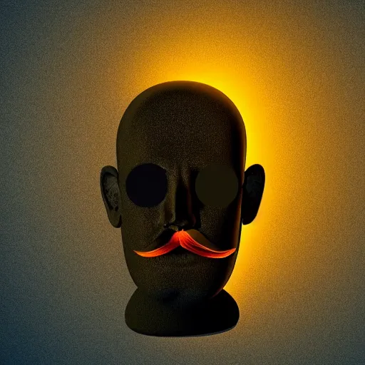 Prompt: human head with empty eye sockets, mustache and beard, backlit, realistic