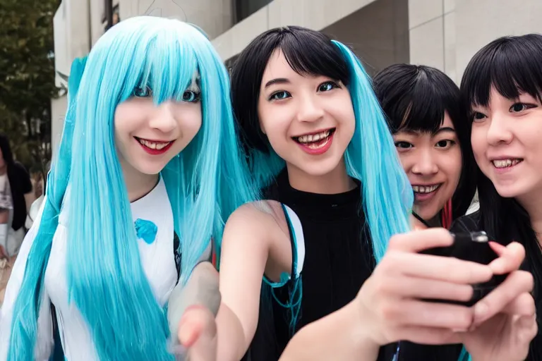 Prompt: two people taking a selfie with Hatsune miku outside of a hotel Scene from TV show 55mm