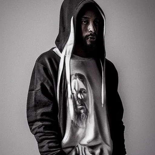 Image similar to portait of jesus in virgil abloh hoodie streetwear by nicola samori, off - white style