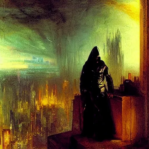 Image similar to futuristic cyberpunk neon cityscape with hooded figure in foreground painted by William Turner 1860