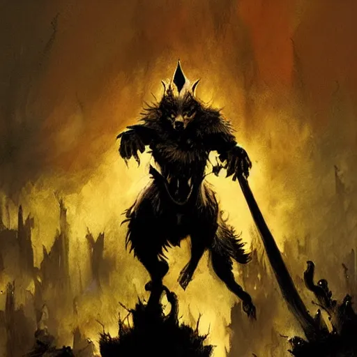 Image similar to king of the wolves. By Travis Charest, James Gurney, and Ashley Wood. dramatic lighting. Magic the gathering. digital painting.