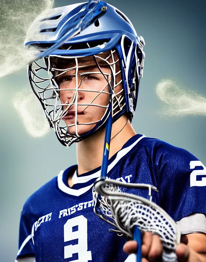 Image similar to closeup portrait of very beautiful cute male lacrosse player in a penn state stadium, glamour pose, particle effects, backlit, highly detailed, soft ambient lighting, sharp focus, rule of thirds, artgerm, wlop, arney freytag, rossdraws, frank frazetta, andrei riabovitchev, hd, octane, 4 k