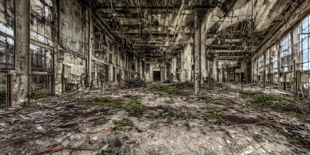 Image similar to urban exploration, abandoned places, urban decay, old factory, rundown industrial area, urban exploration photography, overgrown factory, disused power plant