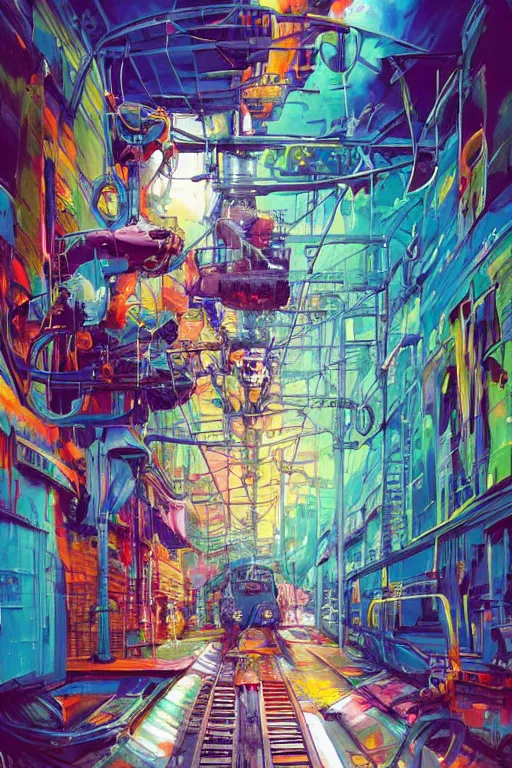 Image similar to trains covered in dripping colorful graffiti paint, painterly, james jean, yoshitaka amano, hiroshi yoshida, moebius, loish, artgerm, painterly, symmetrical, ultra detailed, hyper realistic, illustration, sunset lighting