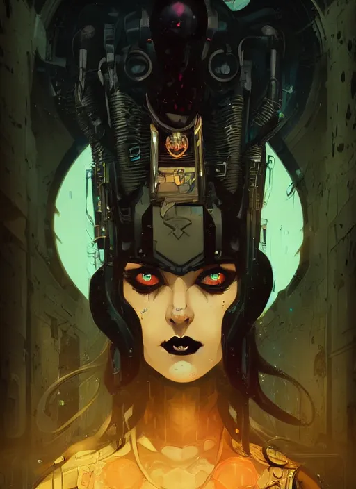 Image similar to portrait of beautifull goth maiden, warhammer, cyberpunk, artstation, art by petros afshar, tom whalen, laurie greasley and greg rutkowski