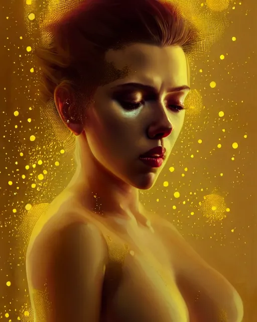 Image similar to Scarlett Johansson bathing in a gold tub, futuristic neon, decorated with traditional Japanese ornaments by Ismail inceoglu dragan bibin hans thoma greg rutkowski Alexandros Pyromallis Nekro Rene Maritte Illustrated, Perfect face, fine details, realistic shaded, fine-face, pretty face