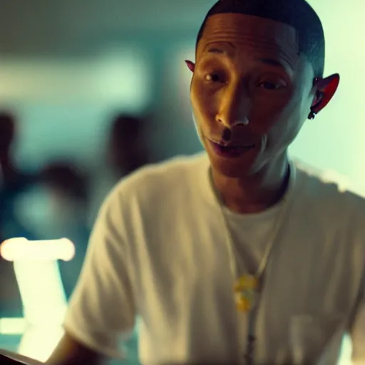 Image similar to cinematic film still of Pharrell Williams Making A Beat with an anthropomorphic alien, Japanese VFX, 2018, 400mm lens, f1.8, shallow depth of field,film photography