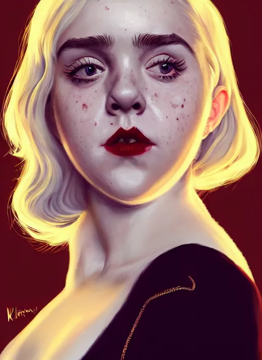 Image similar to full body portrait, kiernan shipka as sabrina spellman, white hair, obese, bangs, sultry, realistic, sultry smirk, fluffy bangs, freckles, fat, belly, intricate, elegant, highly detailed, digital painting, artstation, concept art, smooth, sharp focus, illustration, art by wlop, mars ravelo and greg rutkowski