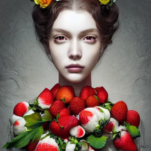 Image similar to the portrait of an absurdly beautiful, graceful, elegant, sophisticated, fashionable woman made of strawberries and white petals looking down, an ultrafine hyperdetailed illustration by kim jung gi, irakli nadar, intricate linework, bright colors, octopath traveler, final fantasy, unreal engine 5 highly rendered, global illumination, radiant light, detailed and intricate environment