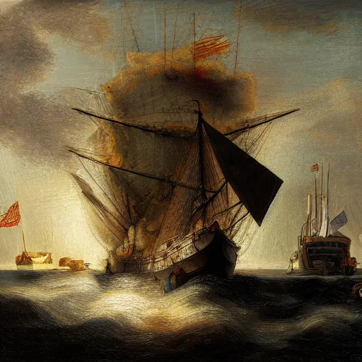 Prompt: A detailed oil painting of a giant monster eating a 21st-century steamship ferry in Vineyard Haven harbor in 2022. In the style of a 1640 Rembrandt oil painting.