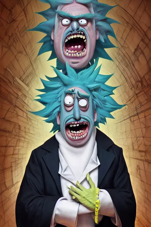 Prompt: Boris Johnson as crazy genius Rick Sanchez from Rick and Morty, unibrow, white robe, big eyes, realistic portrait, symmetrical, highly detailed, digital painting, artstation, concept art, smooth, sharp focus, illustration, cinematic lighting, art by artgerm and greg rutkowski and alphonse mucha