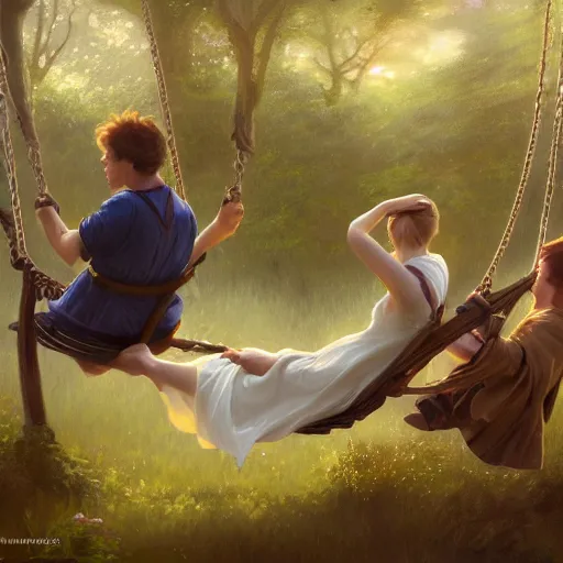 Image similar to a couple sitting on a swing together, blurred backround, back profile, beautiful, digital painting, artstation, concept art, soft light, hdri, smooth, sharp focus, illustration, fantasy, intricate, elegant, highly detailed, D&D, matte painting, in the style of Greg Rutkowski and Alphonse Mucha and artemisia, 8k, highly detailed, jurgens, rutkowski, bouguereau, pastoral, rustic, georgic