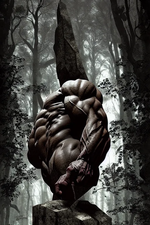 Image similar to greg rutkowski poster. ancient stone carved sculpture of a giant muscular man in the woods