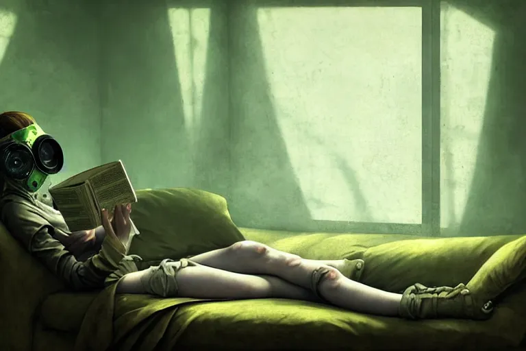 Image similar to girl with wearing a gas mask lying on the sofa reading a book in her room, in the style of dariusz zawadzki, solarpunk, exact anatomy, atmospheric, clean, intricate and epic composition, green by caravaggio, insanely quality, highly detailed, masterpiece, blue light, artstation, 4 k