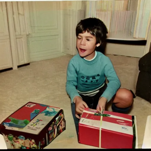 Prompt: Kid unwrapping a Playstation 4 on Christmas, 1980's Polaroid photograph