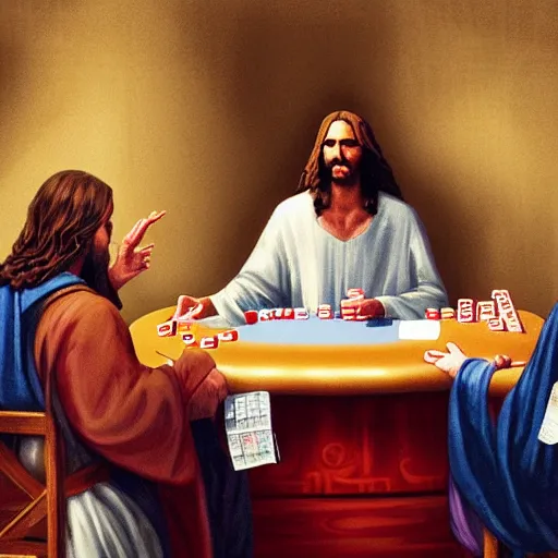 Image similar to nine various interpretations of Jesus playing poker