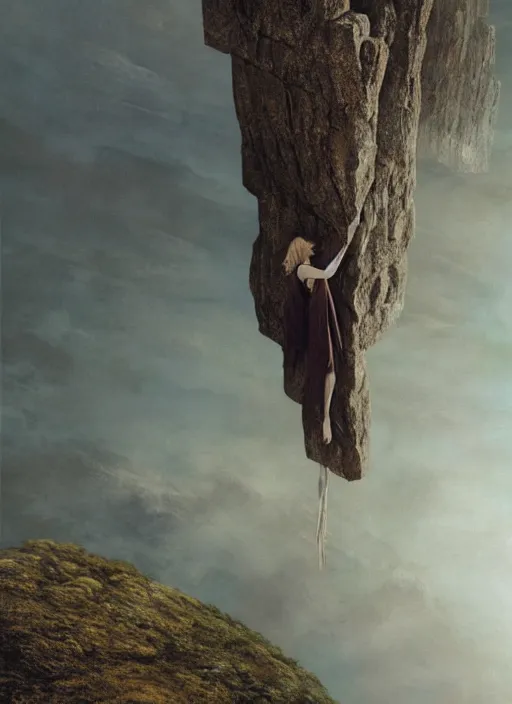 Image similar to close-up portrait action shot of Nicole Kidman hanging from a cliff ridge, Les Edwards, Zdzislaw Beksinski, Carl Gustav Carus, John Harris, Michal Karcz, Zhang Kechun, Mikko Lagerstedt, Scott Listfield, Steven Outram, Jessica Rossier