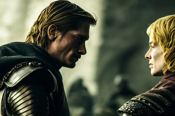 Image similar to very very intricate photorealistic photo of jaime lannister fighting cersei, photo is in focus with detailed atmospheric lighting, award - winning details