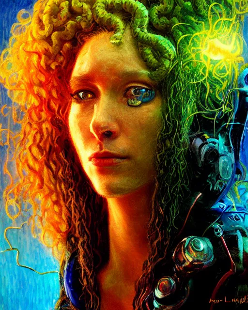 Prompt: day time, a cyberpunk close up portrait of cyborg medusa, electricity, snakes in hair, sparks, bokeh, soft focus, skin tones, warm, sky blue, daylight, by monet, paul lehr, jesper ejsing