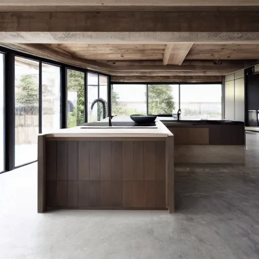 Prompt: luxury bespoke kitchen design, modern rustic, Japanese and Scandinavian influences, understated aesthetic, innovative materials and texture, by Roundhouse Design