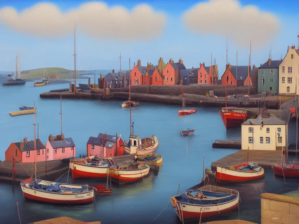 Prompt: A detailed oil painting of a beautiful Scotland fishing town, harbour, boats, in the style of Michiel Schrijver, isometric, pastel colors