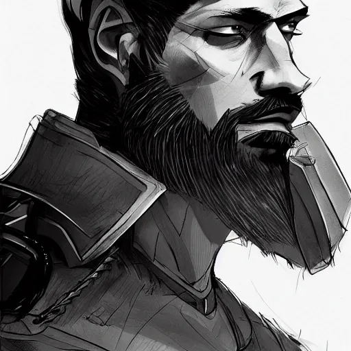 Image similar to concept art character, very high angle view, book cover, very attractive man with beard, walking in cyberpunk valley highly detailed full body, strong masculine features, sturdy body, command presence, royalty, smooth, sharp focus, organic, appealing, book cover, deep shadows, by Dave McKean, borderlands 3, sketch lineart for character design