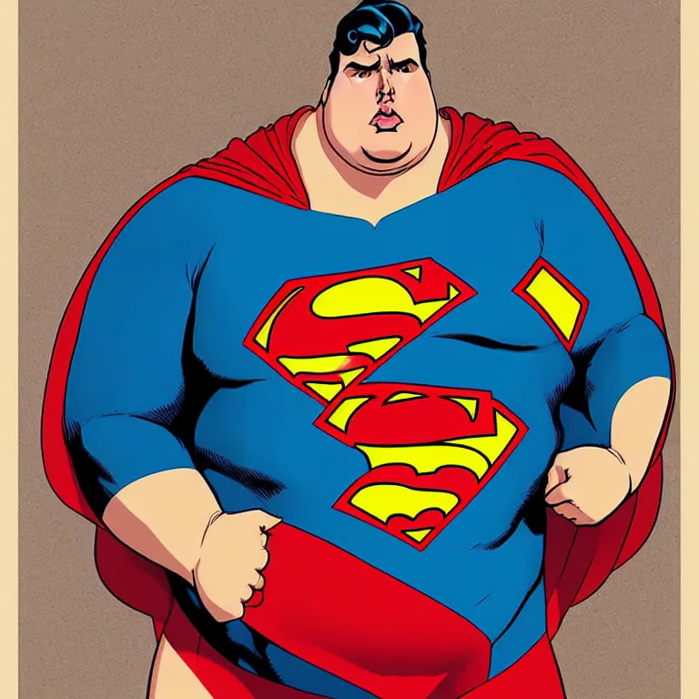 Image similar to Mordidly obese superman, style of Joshua Middleton comic book art Nick Dragotta comic art, symmetrical face, symmetrical eyes, depressed sad expression, painterly style