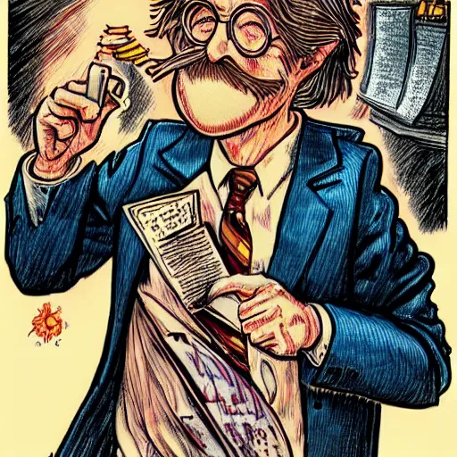 Prompt: The Artwork of R. Crumb and his Cheap Suit Harry Potter, pencil and colored marker artwork, trailer-trash lifestyle