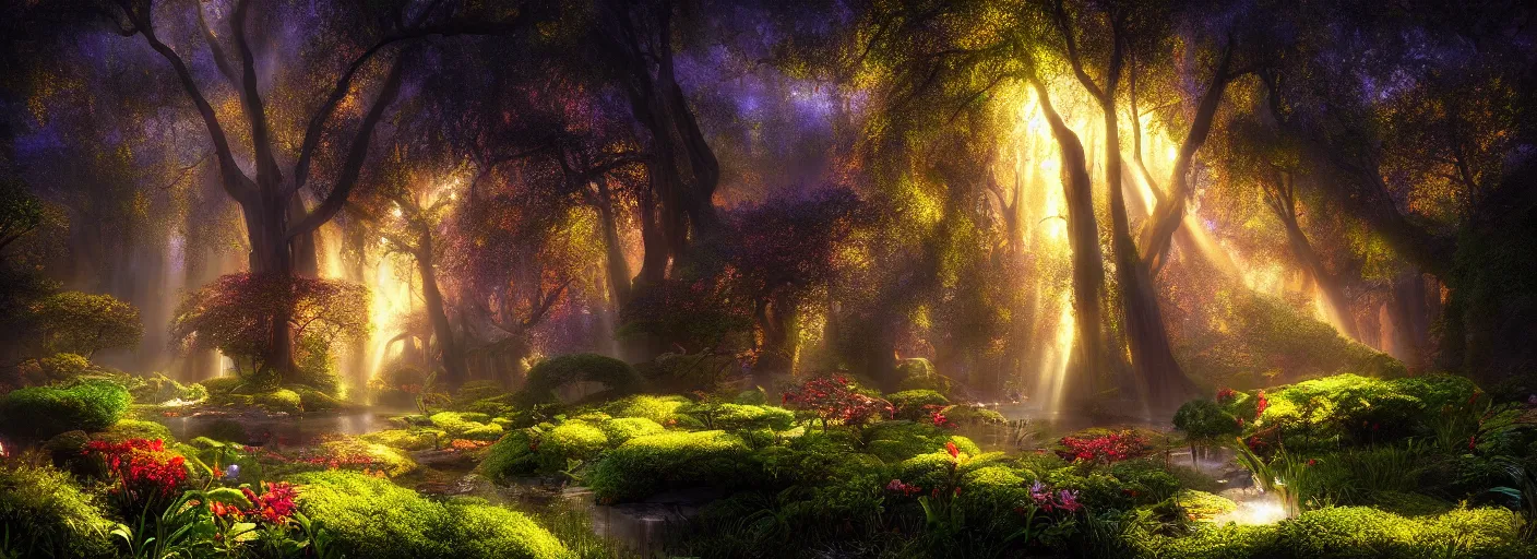 Image similar to photograph of enchanted garden, with rays of light by marc adamus, highly detailed, intricate detail, cinematic lighting