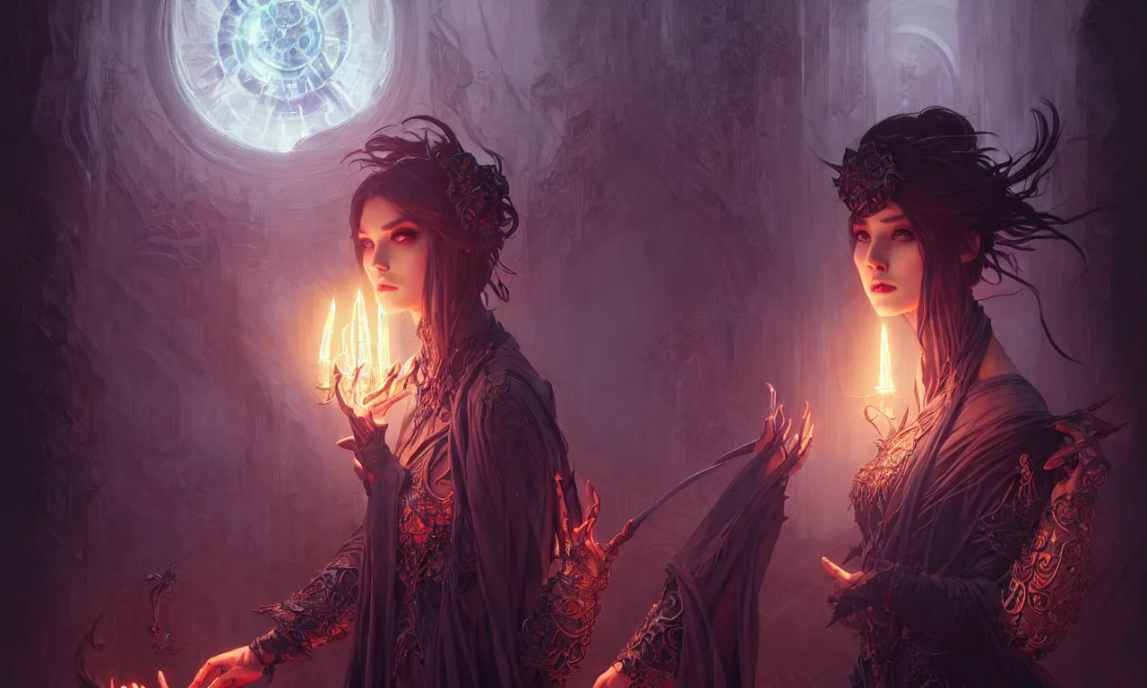 Image similar to Necromancer Sorceress in center, fantasy magic, undercut hairstyle, dark light night, intricate, elegant, sharp focus, illustration, highly detailed, digital painting, concept art, matte, art by WLOP and Artgerm and Greg Rutkowski and Alphonse Mucha, masterpiece