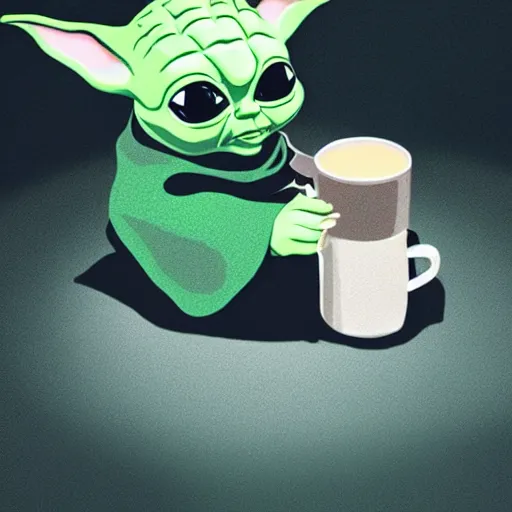 Image similar to baby yoda drinking green tea