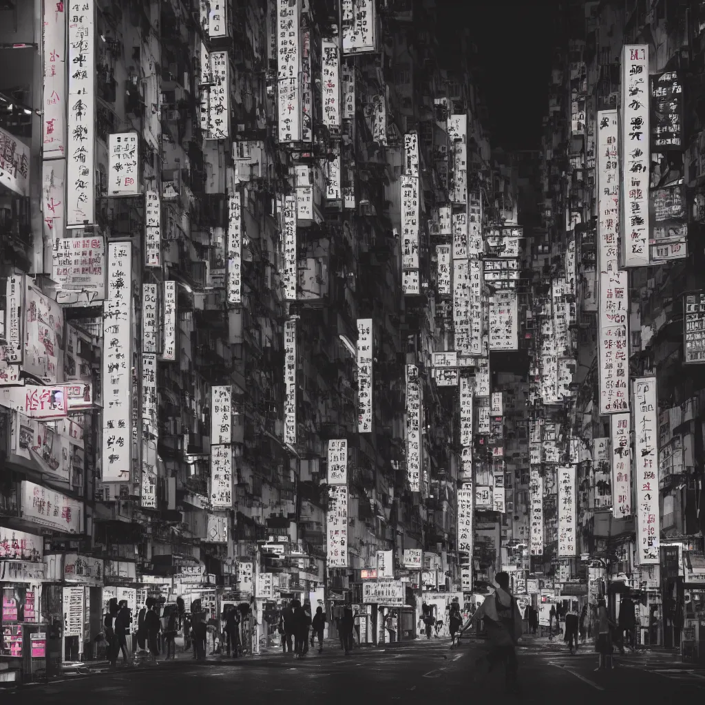 Image similar to a moody 2 0 0 mm photo of of someone walking in a busy street in hong kong at night, neon lights