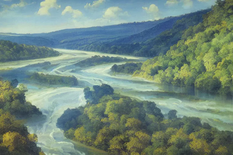 Prompt: two rivers converge to form one larger river, appalachian mixed mesophytic forest, vibrant blue sky background, by Cortes Thurman the greatest Barbizon-influenced concept artist ever known and by Charles Sheeler, rendered in hyperdetailed Ultra HD, trending on ArtStation, volumetric scumbling