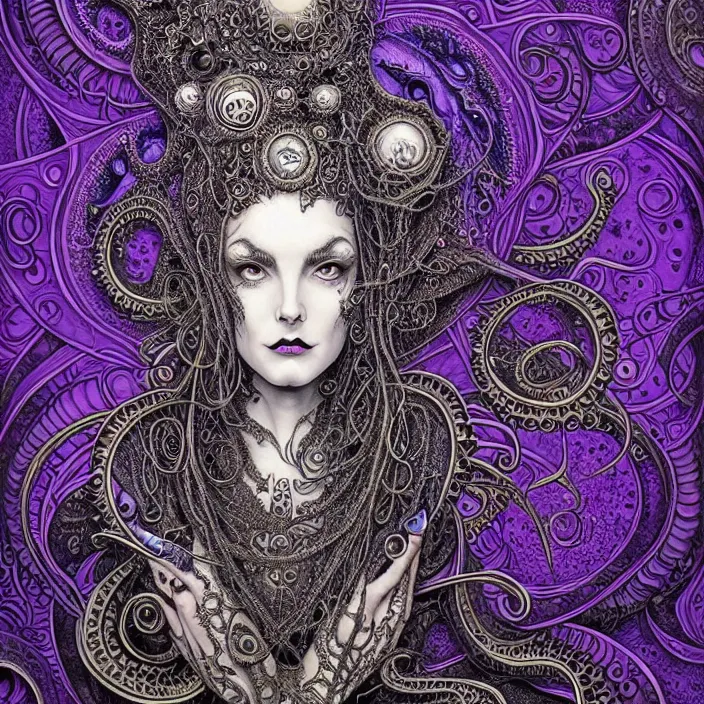 Prompt: depicting a highly detailed beautiful lovecraftian female priestess, in the style of joe fenton, dynamic energetic pose, exuberant organic elegant forms, perfect face, pale skin, by dan hillier : : 1. 4 purple, red, blue, green, black intricate mandala explosions : : intuit art : : turbulent water backdrop : : damask wallpaper : : atmospheric