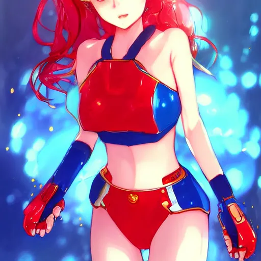 Prompt: digital anime art, very small cute girl on a large table, red mech arms and red mech legs, blue watery eyes!!!, short gold hair!!!, red bikini, full body!!!, wlop, rossdraws