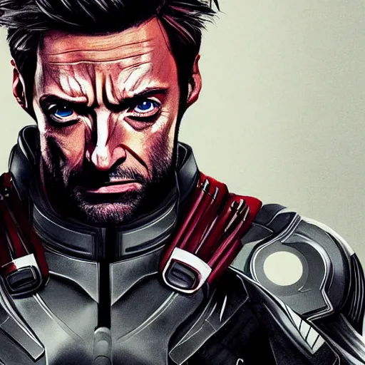 Image similar to portrait of hugh jackman as bucky barnes from the avengers infinity war, character concept art, hyperrealistic, detailed, accurate illustration, dramatic lighting,