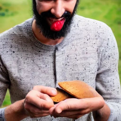 Prompt: Man happily eating mouldy bread