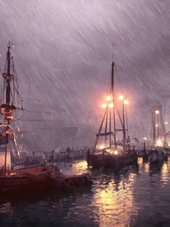 Image similar to photo of 8k ultra realistic harbour, port, boats, heavy rain, , night, full of colour, cinematic lighting, battered, trending on artstation, 4k, hyperrealistic, focused, extreme details,unreal engine 5, cinematic, masterpiece, art by studio ghibli