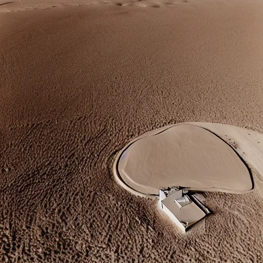 Prompt: A house designed by Miles Van Der Rohe in the middle of the sahara desert. Aerial View. Film Grain, Full color. Brown hue. Fujifilm.