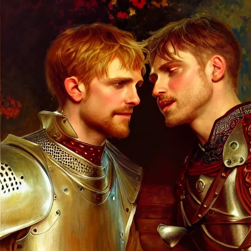 Image similar to attractive arthur pendragon and his attractive male knight, they are in love, natural lighting, path traced, highly detailed, high quality, digital painting, by gaston bussiere, craig mullins, alphonse mucha j. c. leyendecker