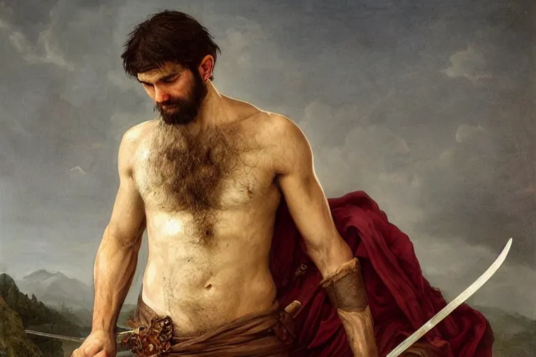 Image similar to renaissance painting full body portrait of a gruff ranger with a spear, lean and toned, handsome face, hairy chest and hairy body, D&D, intricate, elegant, highly detailed, digital painting, artstation, concept art, matte, sharp focus, chiaroscuro, well list, illustration, art by Artgerm and Greg Rutkowski and Alphonse Mucha