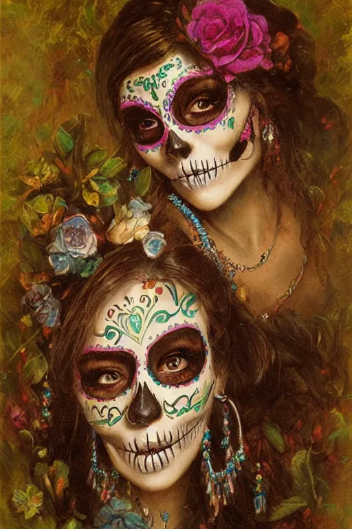 Image similar to illustration of a sugar skull day of the dead girl, art by gaston bussiere