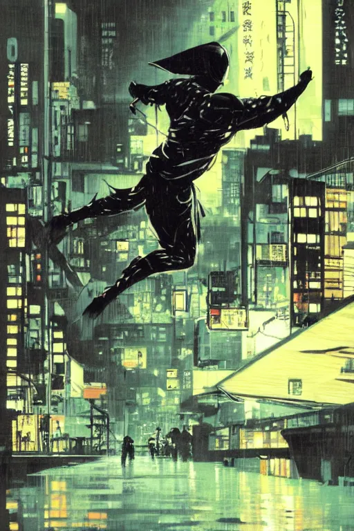 Prompt: a ninja jumping from the roof on a rainy night by syd mead, boneface, yoji shinkawa