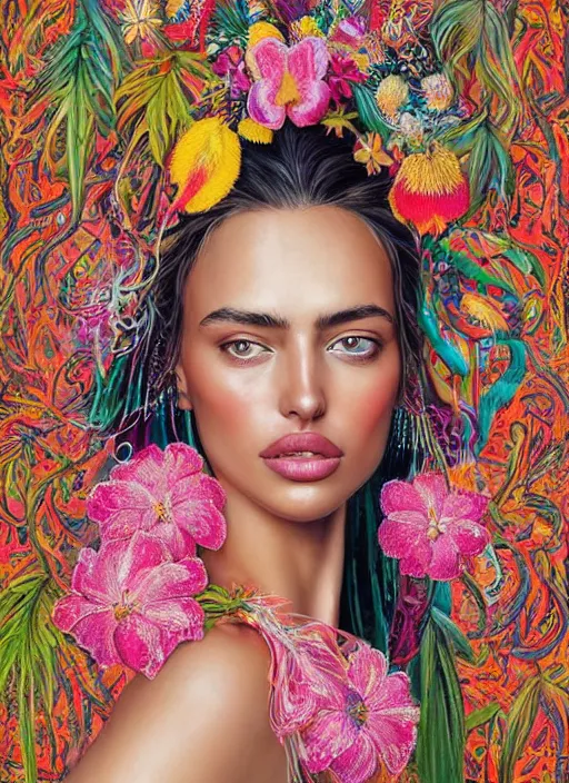 Image similar to beautiful portrait of Irina Shayk wearing fantastic Hand-dyed cotton dress,embellished beaded feather decorative fringe knots ,colorful pigtail,subtropical flowers and plants,symmetrical face,intricate,elegant,highly detailed,8k,digital painting,trending on pinterest,harper's bazaar,concept art, sharp focus, illustration, by artgerm,Tom Bagshaw,Lawrence Alma-Tadema,greg rutkowski,alphonse Mucha