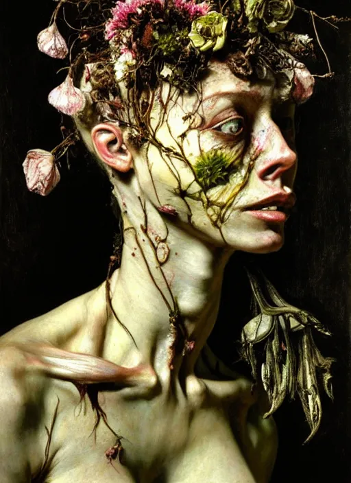 Image similar to beautiful and detailed rotten woman made of plants and many different types of flowers, muscles, intricate, organs, ornate, surreal, john constable, guy denning, gustave courbet, caravaggio, romero ressendi sorolla