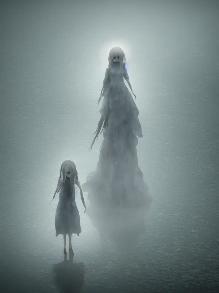 Image similar to cute fumo plush girl ghost in the haze of the murky river, reflective water surface, smoke and volumetric fog, tattered gothic horror maiden, fallen angel, lens flare, light shafts, light and shadow, vray