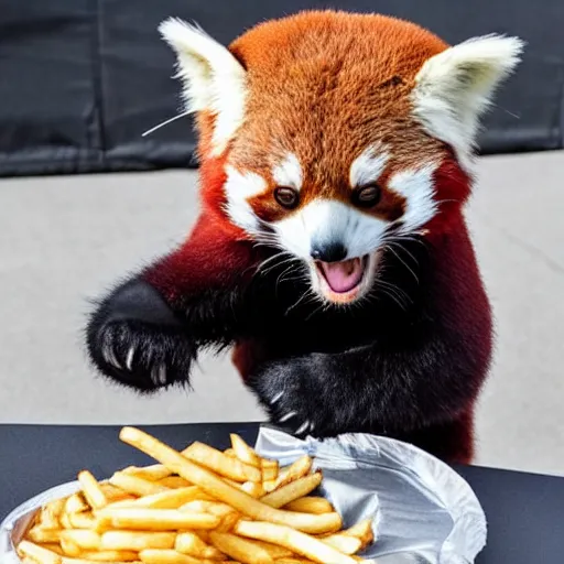 Image similar to a photo of a red panda dressed like Darth Vader eating french fries