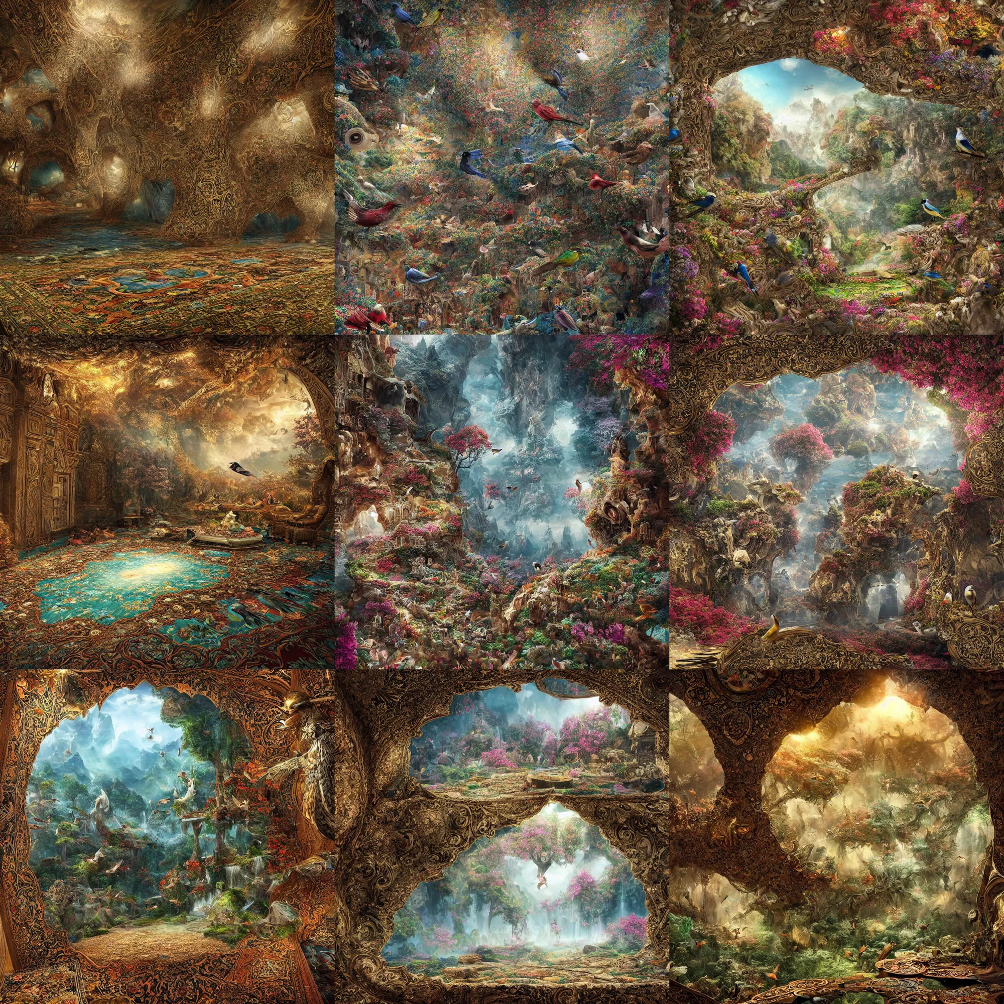 Prompt: an epic vista in the magic Fluffy 3d Persian Carpet dimension, everything is carpet and 3d, birds and trees, surreal, photorealistic concept art, immense detail, epic, striking