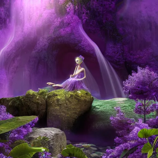 Image similar to a cinematic render of a silhouette of a purple styled fairy surrounded by amethysts, sitting in a mystical waterfall cave, lilac sunrays, matte painting, highly detailed, 8 k